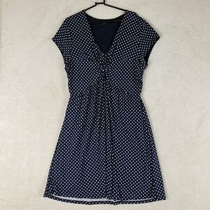 Garnet Hill Navy Blue White Polka Dot Twist Front‎ Knee Length Dress Size 18